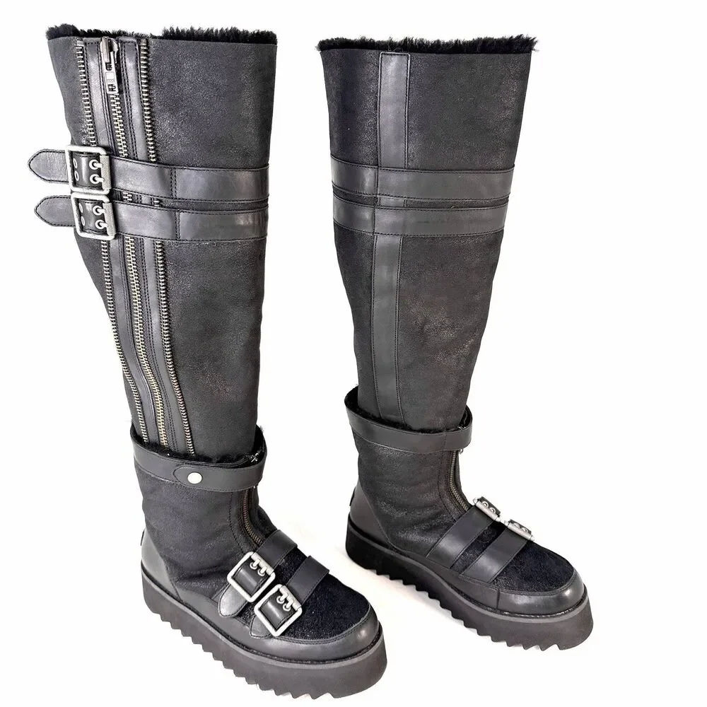 UGG Moto Punk OTK Boot Black Biker Buckle Zipper Round Toe Women's Size 10